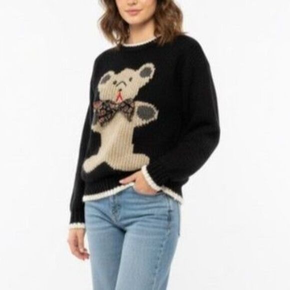 Vintage 90s Evian II Black Crewneck Sweater with Brown Fuzzy Teddy Bear Size M - Picture 1 of 11